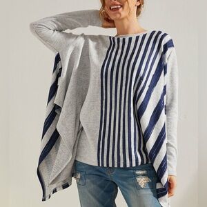 NEW Suzanne Betro Navy & Heather Gray Stripe Crew Neck Cape Style Tunic Top